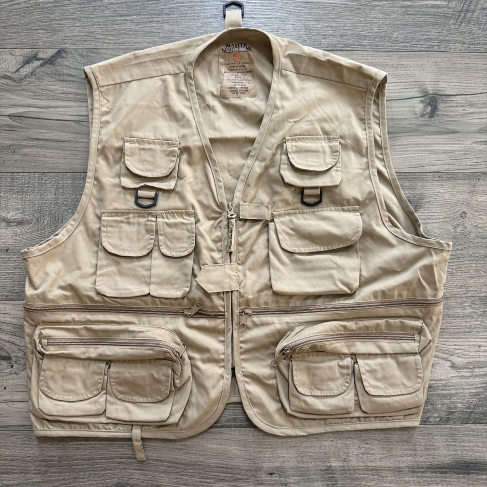 Master Sportsman Khaki Utility Fishing Vest XL Tan Multi Pocket Tactical Gear
